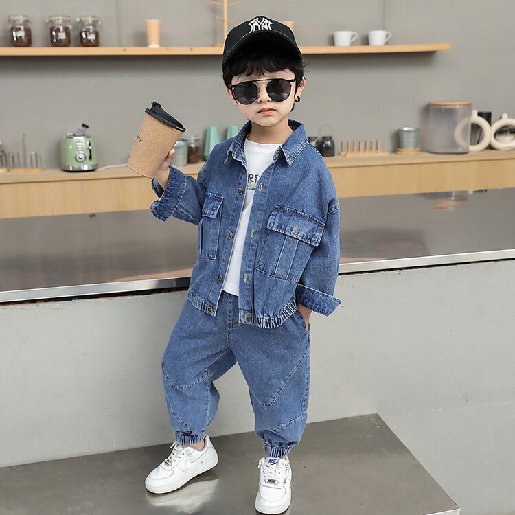 2025 New Boys' Denim Set Cool Solid Color Denim Jacket Kids Fashion Outfit for Toddlers and Young Children blue