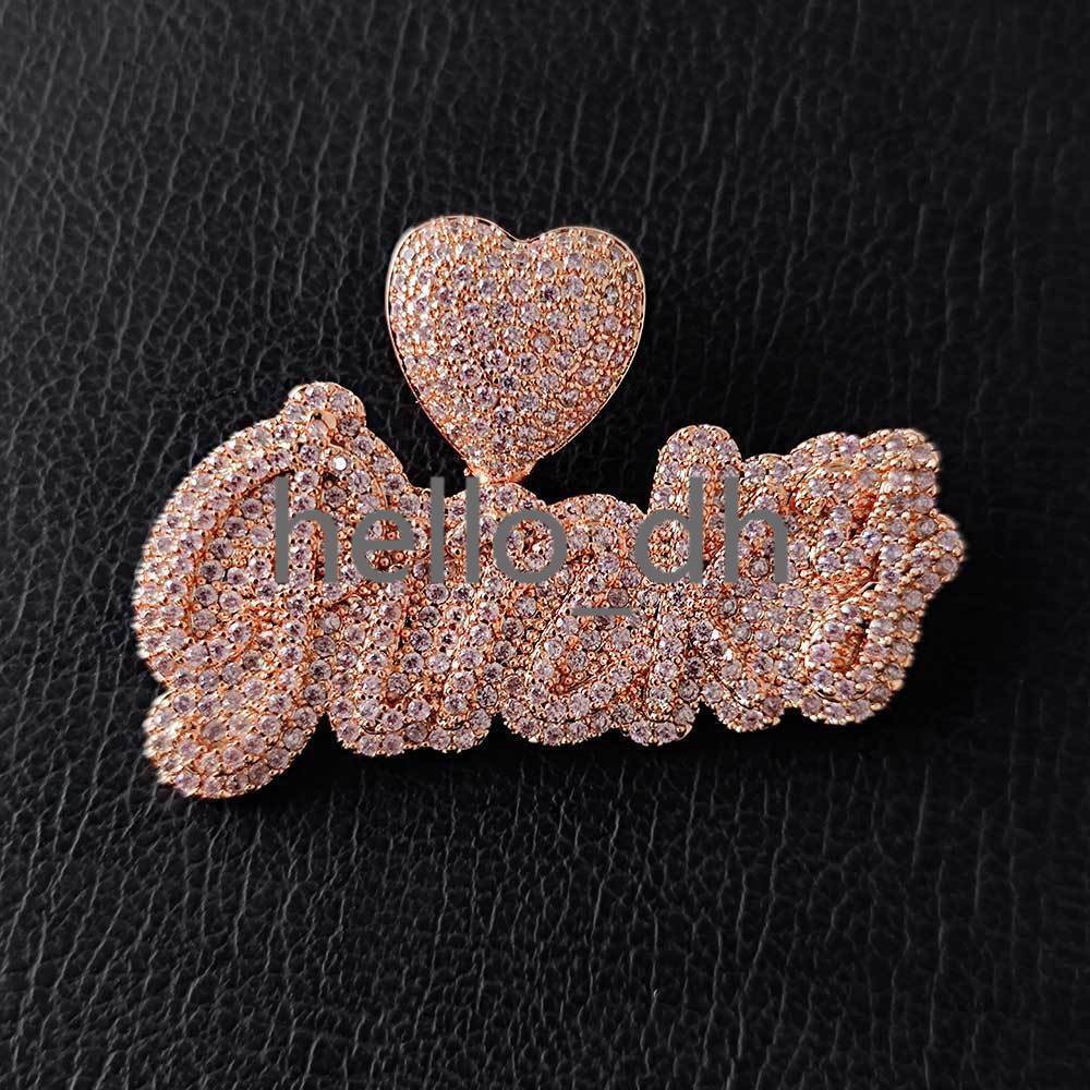 Personalized Custom Letter Pendant Necklace Rose Gold Iced Out moissanite Heart Hook Cursive Name Necklace