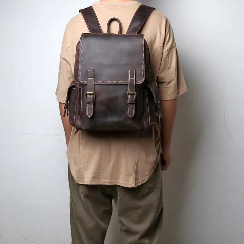 Top Layer Cowhide Backpack Mens Crazy Horse Large Capacity Computer Bag Womens Fashiable Travel Leather Backpack Trend H250821