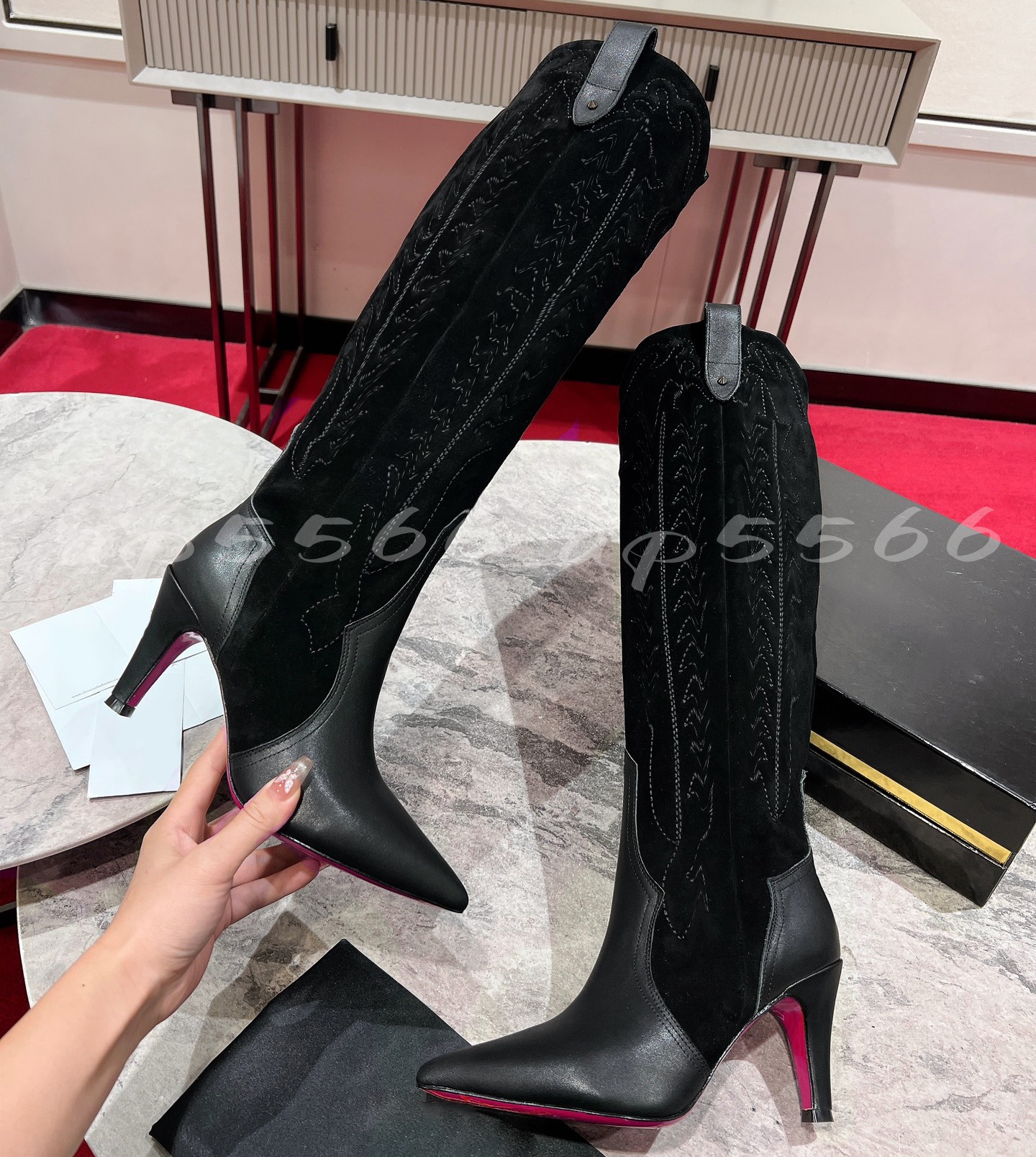 (Order by pic in opt, not by desc)Top-level High Quality Suede Knee High Boots Pointy High Heels Black Over The Knee Boots Winter Fully handcrafted custom-made