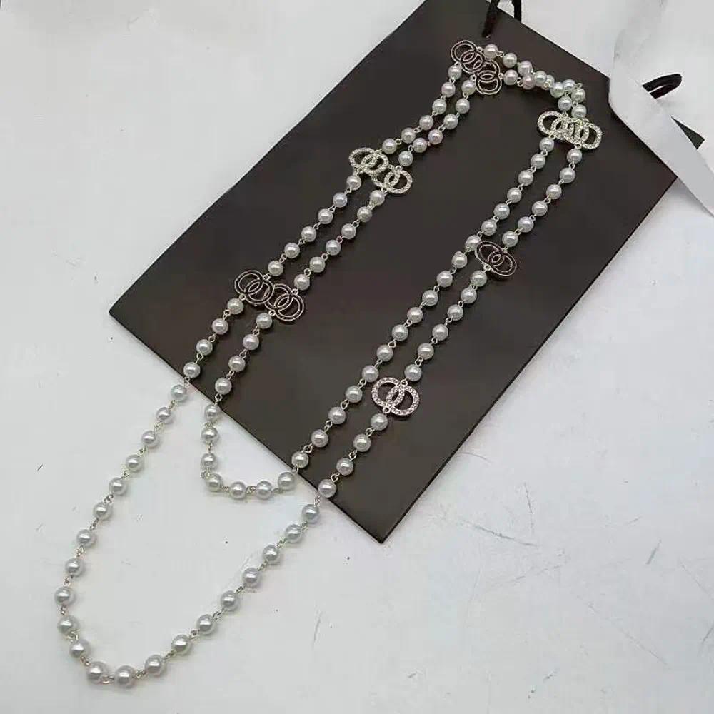 Long pearl Designer Pendants Necklaces Crystal Pearl Titanium steel Letter Choker Necklace Sweater Chain Jewelry Accessories Gifts