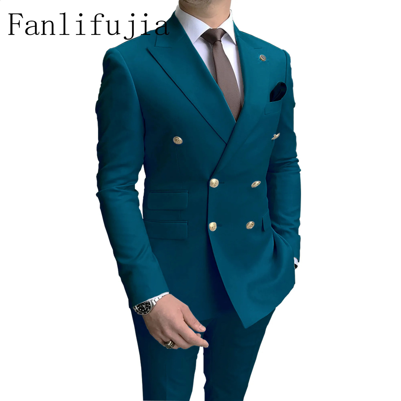 Fanlifujia Store 2024 Casual Sky Blue Men Suits Double Brested Lapel Gold Button Groom Wedding Tuxedos Costume Homme 250821