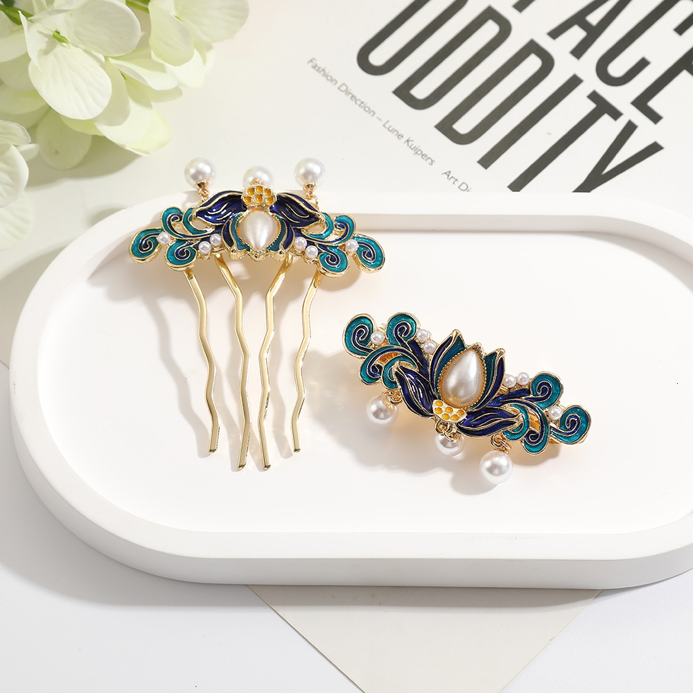 New Floral Small Hair Imitation Enamel Fairy Tassel Hairpin Women Hanfu Updo Pearl Insert Comb SY-8113