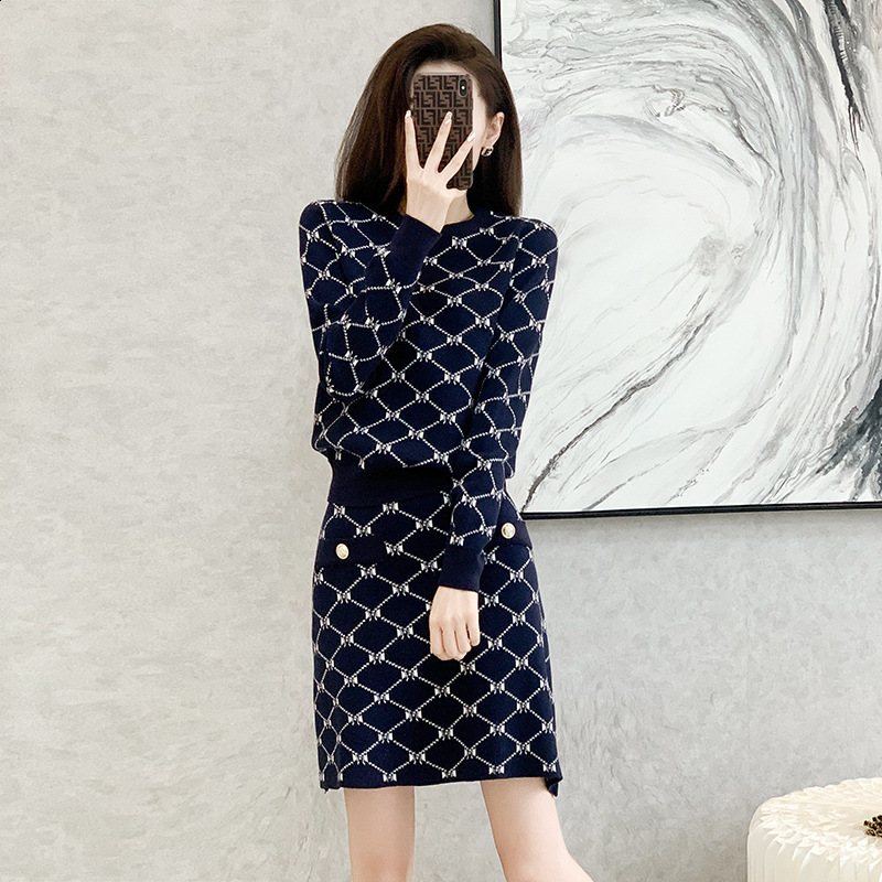 Lanjia- Style Fashion Casual Suit For Women 2025 Autumn Winter Jacquard Sweater Knitted Two-Piece Set Skirt Trendy E8163