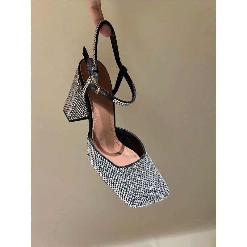 So Beautiful~~ Exquisite and Unique Chunky High Heel Square Toe Crystal Rhinestone Sexy Elegant Sandals for Women