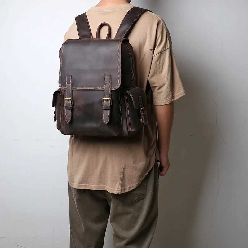 Top Layer Cowhide Backpack Mens Crazy Horse Large Capacity Computer Bag Womens Fashiable Travel Leather Backpack Trend H250821