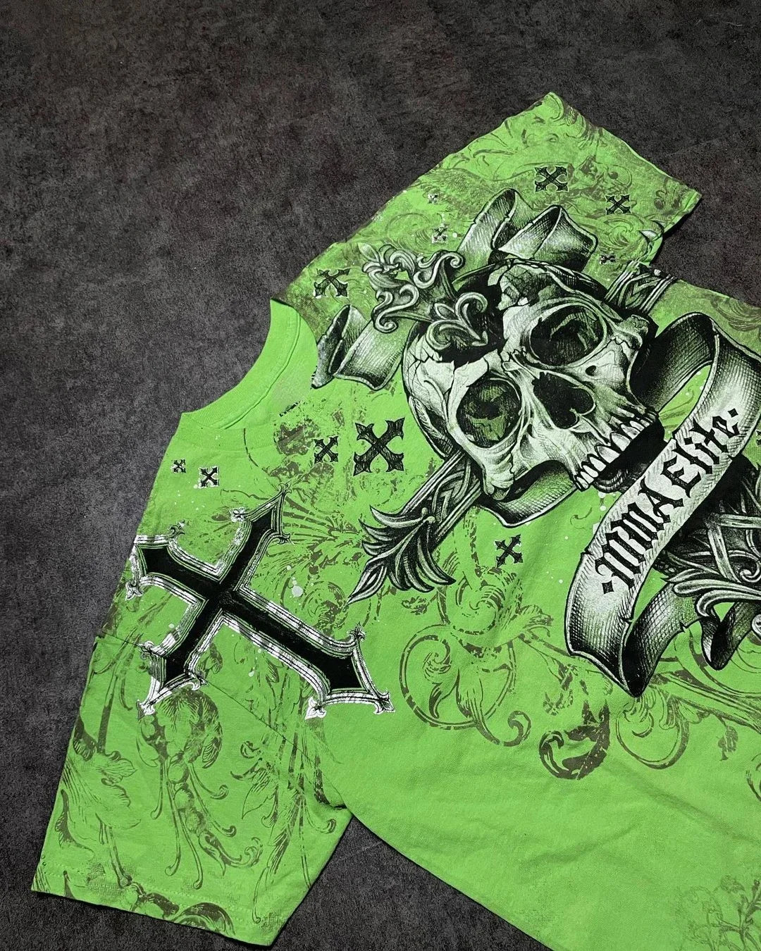 Y2K Summer Retro Green Fashion Skull Extra Large Pattern Printed T-shirt Mens Harajuku Gothic Hip Hop Sports Top StreetWear 250822