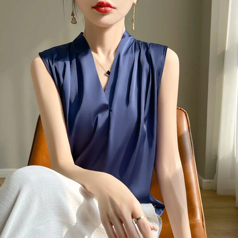 Womens Tops Blouses Solid Color White Satin Blouse Office Shirt Blusas Sleeveless Women Shirts Black White Female YTM A31250821
