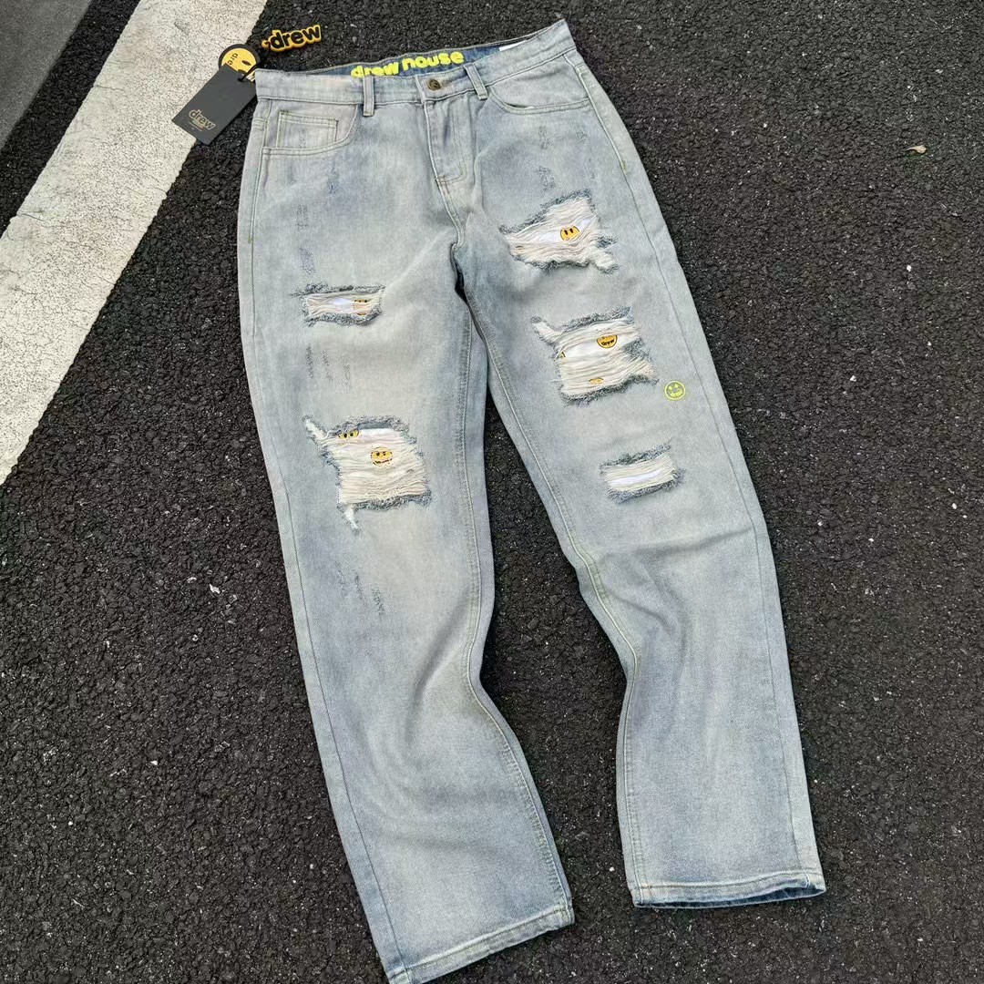 Drew House Men Jeans Streetwear Light Blue Denim Pants
