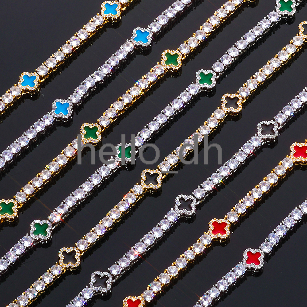 4mm Tennis Chain Necklace 925 Silver Iced Out VVS Moissanite Multicolor Clover Leaf Hip Hop Jewelry