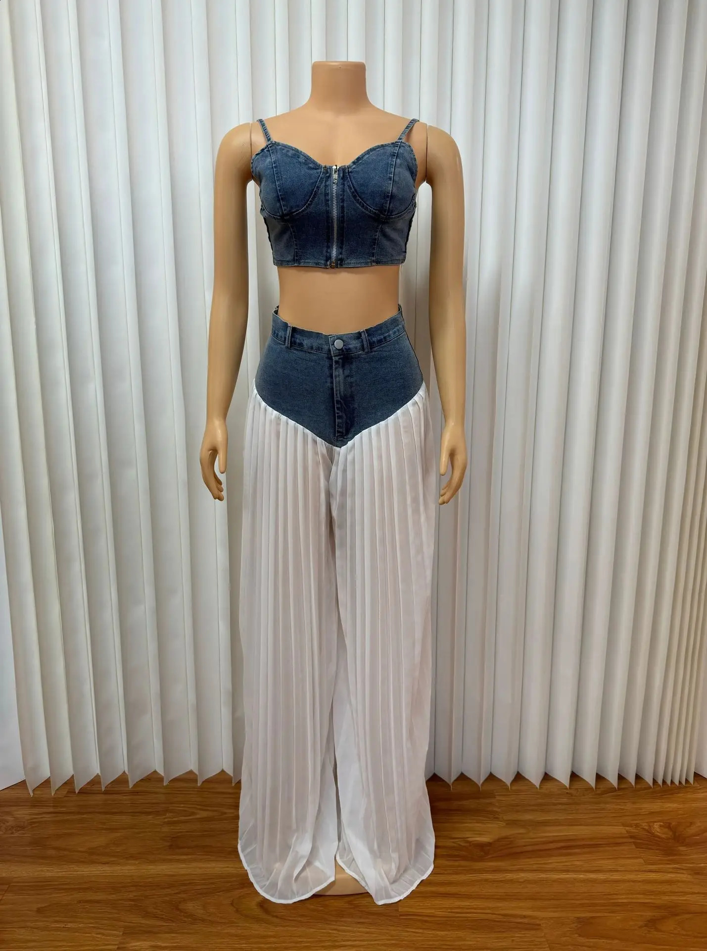 2 Piece Sets Women Sexy Denim Camisole Wide Leg Pants Patchwork Folds Slip Vest Floor Length Suit 2025 Summer Casual Outfits 250822