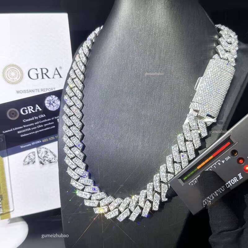 2025 Hip Hop Jewelry Pearl Light 20mm Sterling Sier 1 Row VVS Cubic Zirconia Iced Miami Cuban Chain Necklace