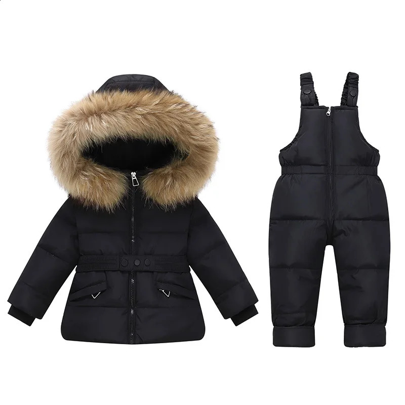 OLEKID Winter Children Girls 2pcs Clothes Set Real Fur Girls Down Jacket Baby Girl Jumpsuit Kids Overalls Outerwear Coat 250821