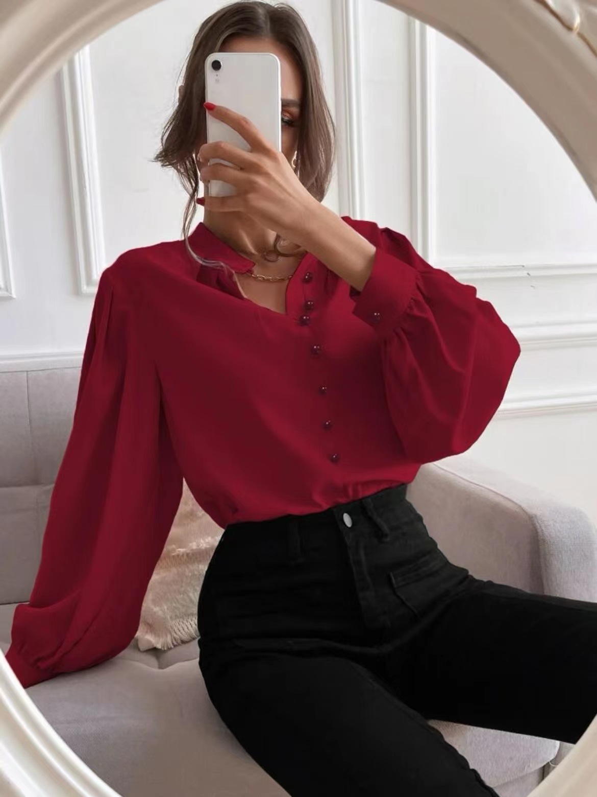 2025 spring and autumn European and American new elegant solid color lapel long-sleeved single-row button loose women's blouse shirt women