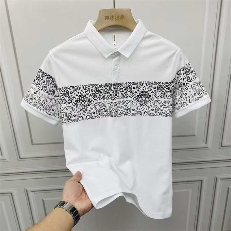 Summer contrast handsome cashew flower slim T-shirt men's new fashion brand stitching short-sleeved polo shirt men's shirt T-shirt
