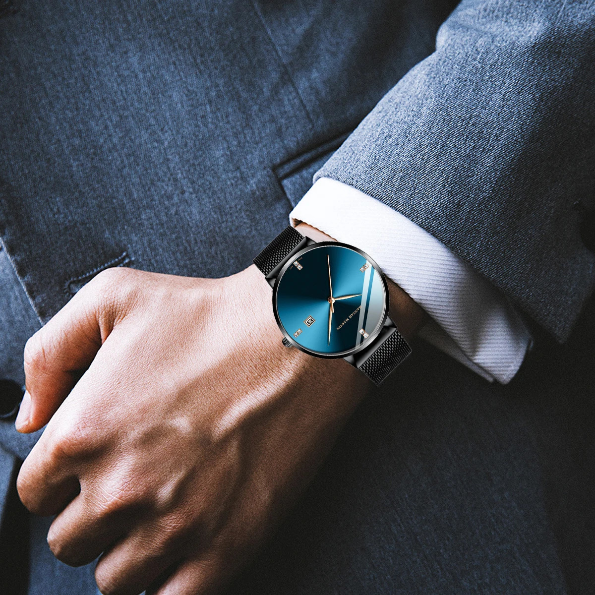 Japanese Original Quartz Movement Watch Rhinestone 40mm Blue Black Business Style Casual Fashion Stainless Steel Watches 250818