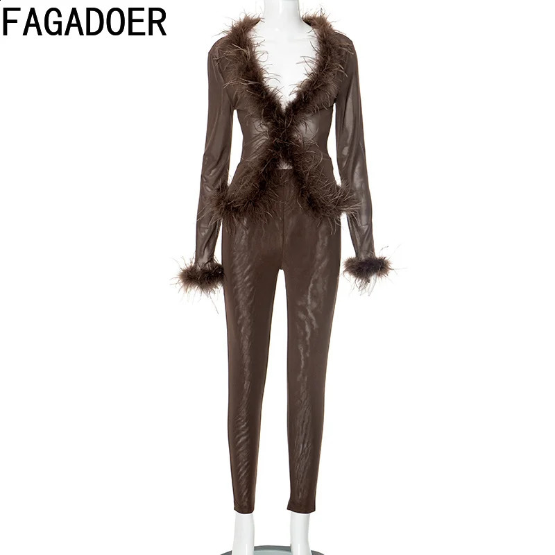 FAGADOER Sexy Mesh Fur Patchwork 2 Pieces Set for Woman Hollow Long Sleeves Tops Leggings Matching Suit Female Party Clubwear 250822