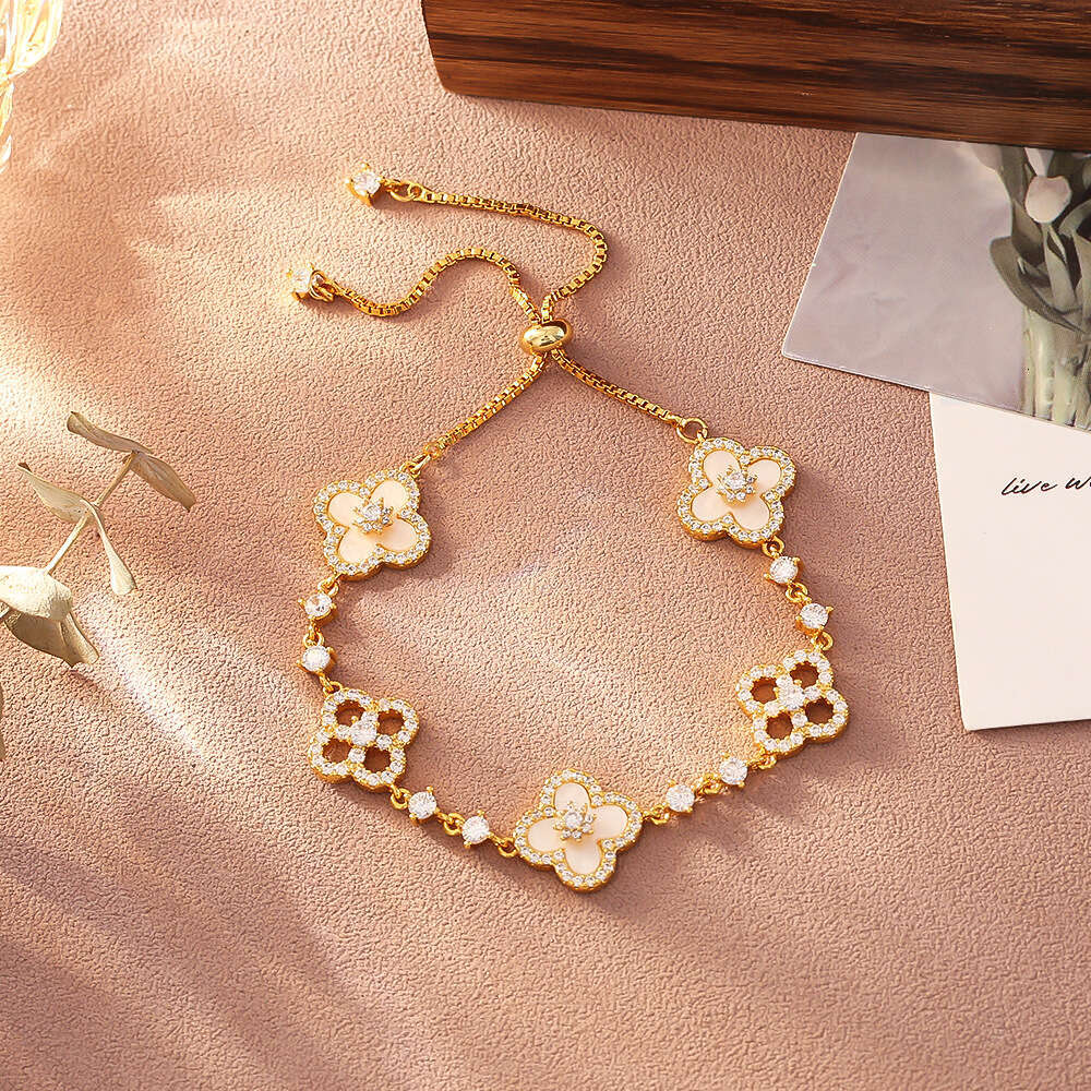 Luxury jewelry designer bracelet Natural Shell-of-Pearl Lucky 4-leaf Clover Inlaid Zircon Hollow Bracelet High-End Niche Design Exquisite Versatile Je - view 4