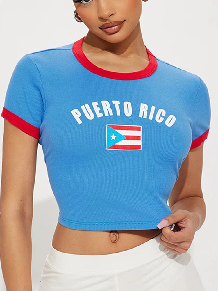Aesthetic Puerto Rico Flag Full Letter Printed T-shirt Color Comparison Fashion Retro Short Sleeve Summer Y2K Clothing 250822