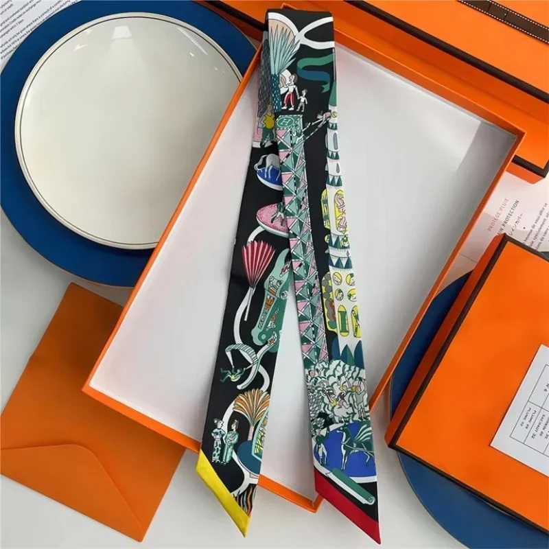100% Silk High Quality Luxury Brand Goods Scarf Women Headband Foulard Tie Ribbon Neckerchief Skinny Scarves Hair Accessories XJ250822