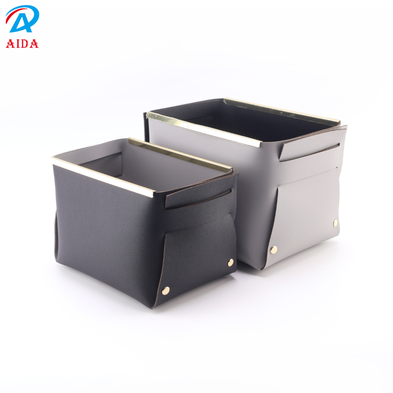 Large Volume Pu Leather Folding Organizer Baskets With Elegant Gold Border For Cosmetics And Clutter 210*150*160mm