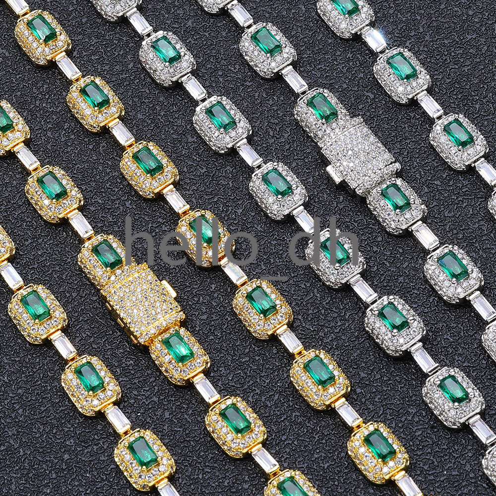 New Style Bling Baguette Diamond Link Chain Silver Plated Brass Micro Pave Emerald moissanite Chain Necklace for Women Jewelry