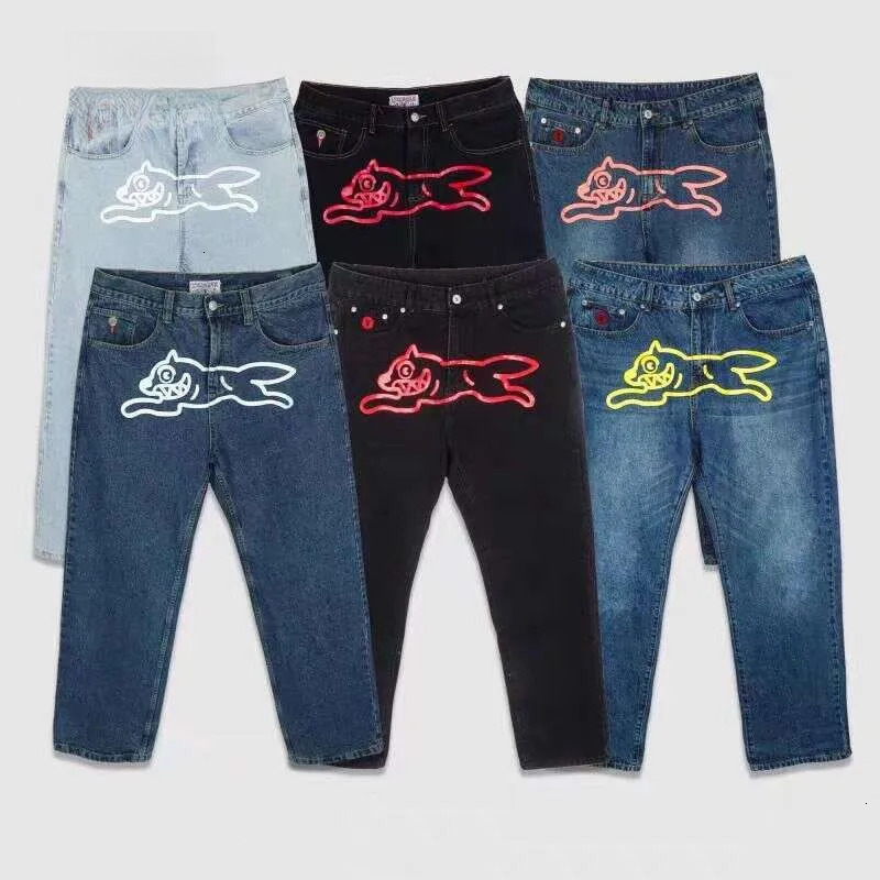 Designer BBC Ice Cream Rich Boy Club Men's Black Jeans Fashion Brand Jeans Men's Pants Y2K Style Print Flying Dog Pattern 50B 20 FC Ice Cream Jeans