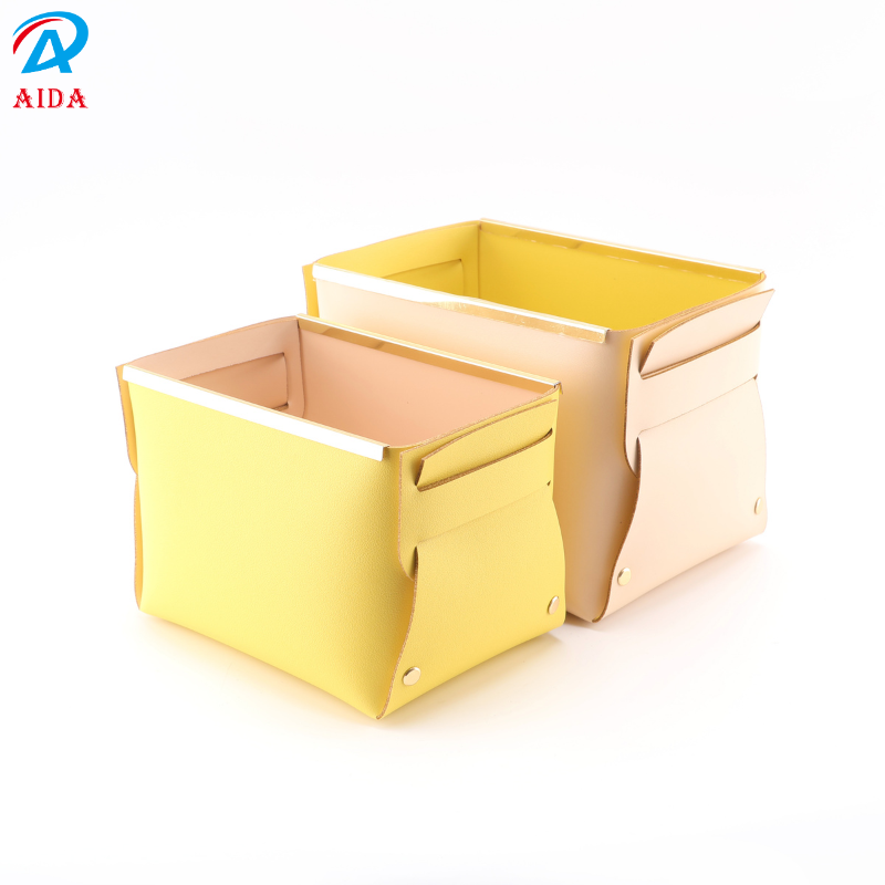 Large Volume Pu Leather Folding Organizer Baskets With Elegant Gold Border For Cosmetics And Clutter 210*150*160mm