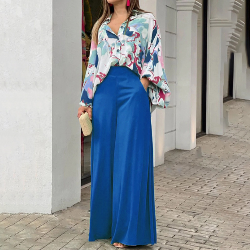 Fashion Print Set Women Casual Long Sleeve Button Shirt+Pockets High Waist Wide Leg Pants Office 2 Piece Sets Lady R250822
