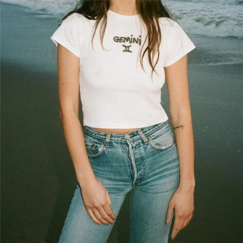 Y2K Baby T-shirt Slim Zodiac Sign Fitted Cropped Ribbed T-shirt crop top Cute Kawaii Tee Sexy Cap Sleeve Summer fairy grunge emo 250822