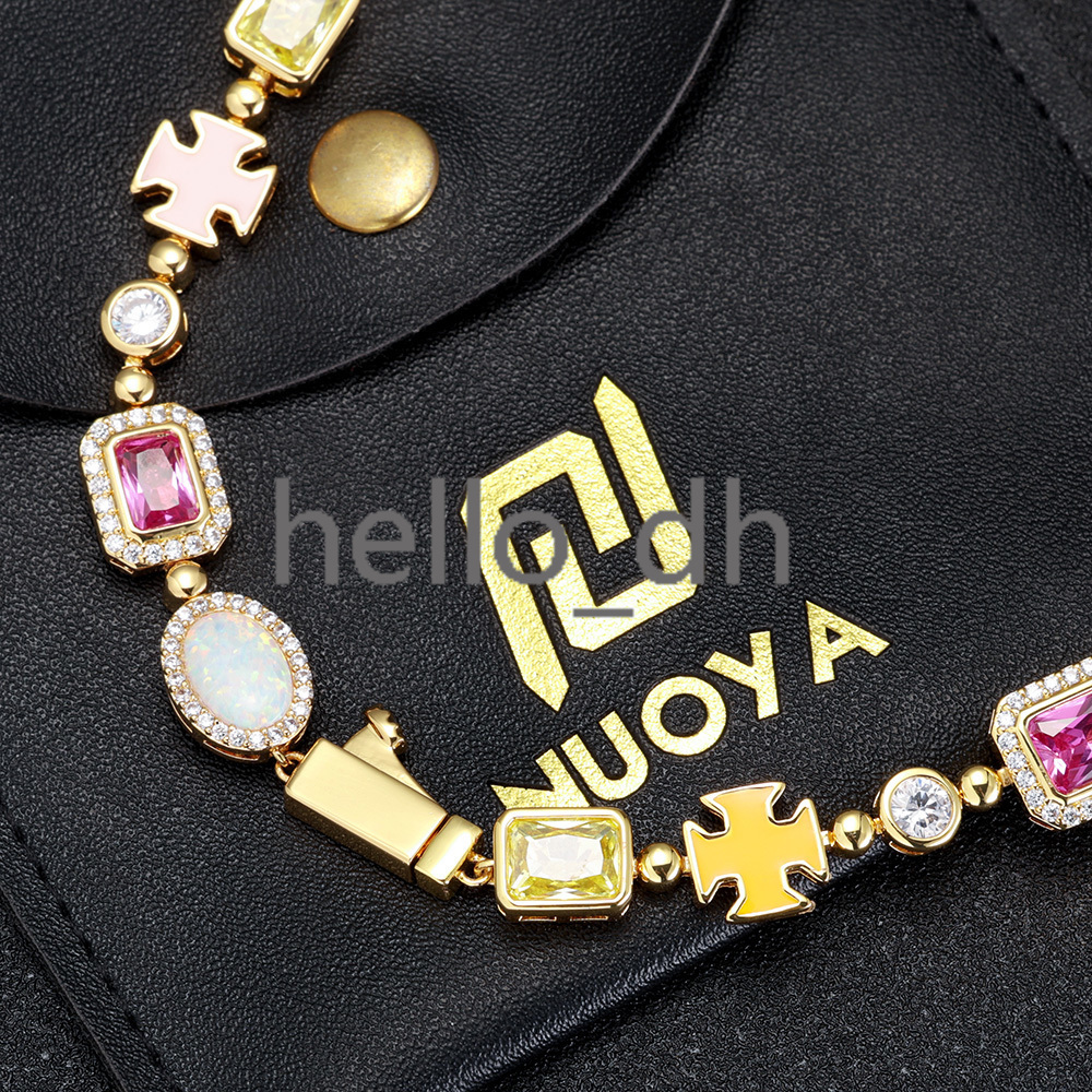 10mm Custom Rainbow Geometric Bling moissanite Stone Chain Necklace Multicolor Cross Round Oval Synthetic Gemstone Choker for Women Men