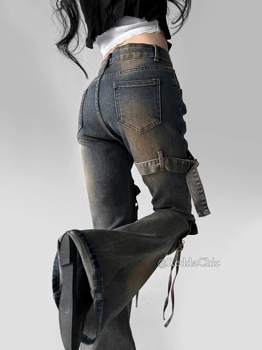 REDDACHiC Women Low Waist Flare Cargo Jeans Vintage Washed Belted Fitted Bootcut Pants Bell Bottoms Do Old Y2k Korean Streetwear 250911
