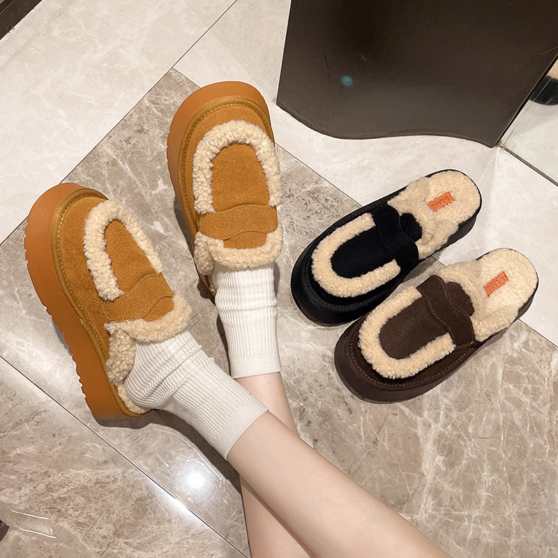 Free shipping women's thick soled velvet slippers for autumn and winter 2025 designer's new oversized Baotou snow cotton slippers ginger yel