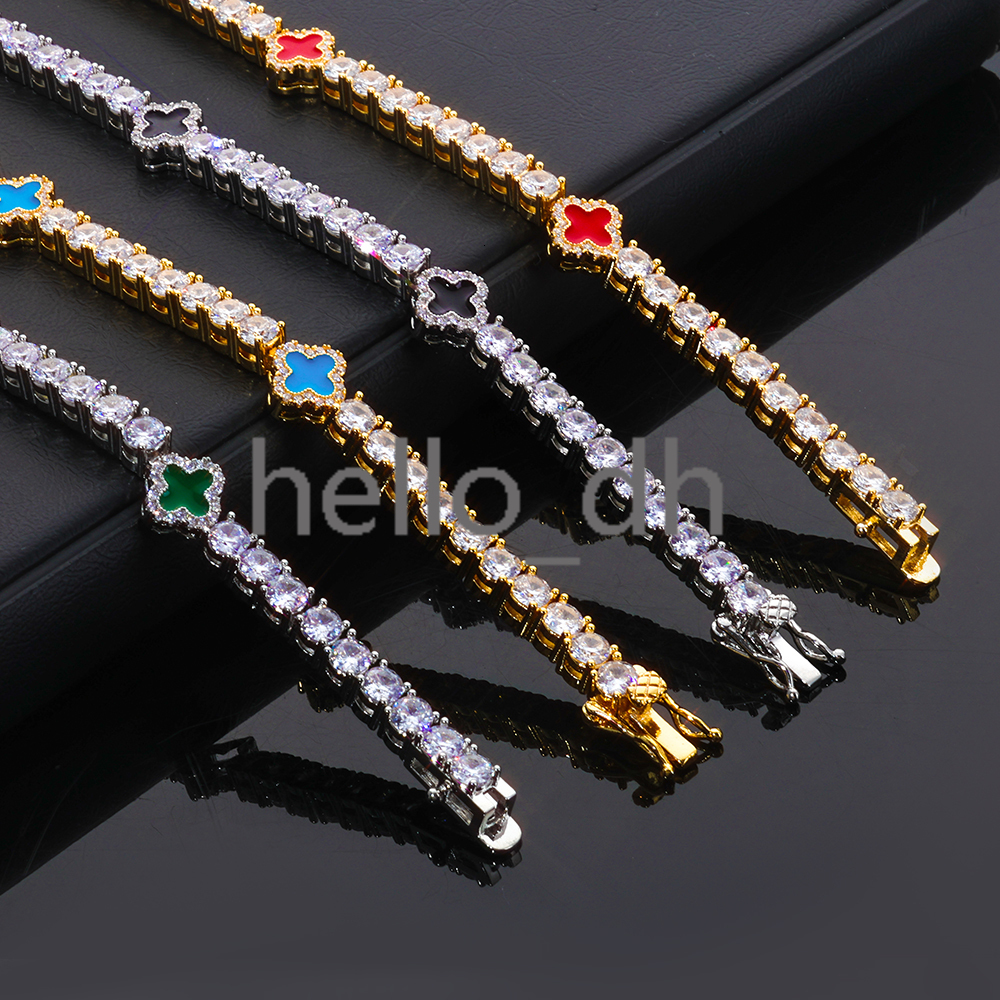 4mm Tennis Chain Necklace 925 Silver Iced Out VVS Moissanite Multicolor Clover Leaf Hip Hop Jewelry