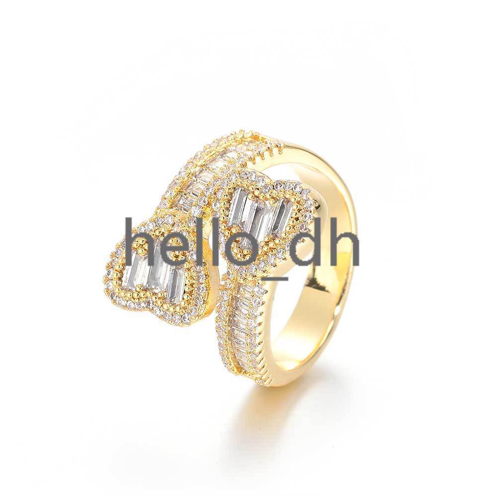 High Quality Iced Out Baguette moissanite Heart Shape Diamond Ring Double Heart Open Finger Ring