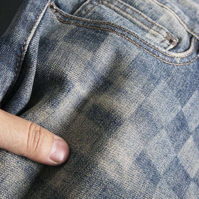 Light trendy jeans men's mosaic checkerboard print loose straight tube American fashion design sense long pants