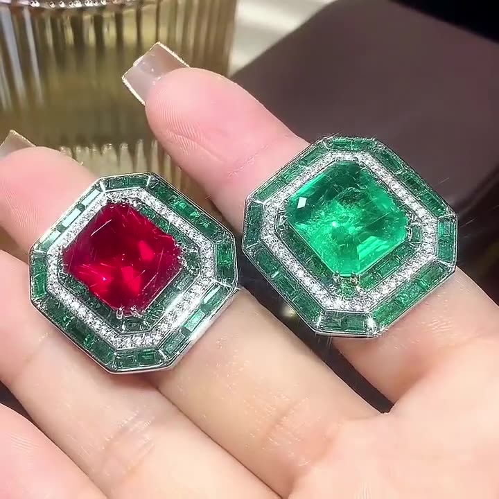 Quality Stunning Wedding Rings Handmade Luxury Jewelry 925 Sterling Silver Princess Cut Emerald CZ Diamond Party Promise Red/Green Women Open Adjustab