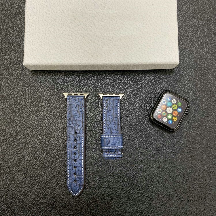 2025 luxury leather brand Apple Watch letter D strap suitable for 38/40/41/42/44/45/46/49mm leather hand sewn material Black/Grey/Blue/Dark Green/Red 
