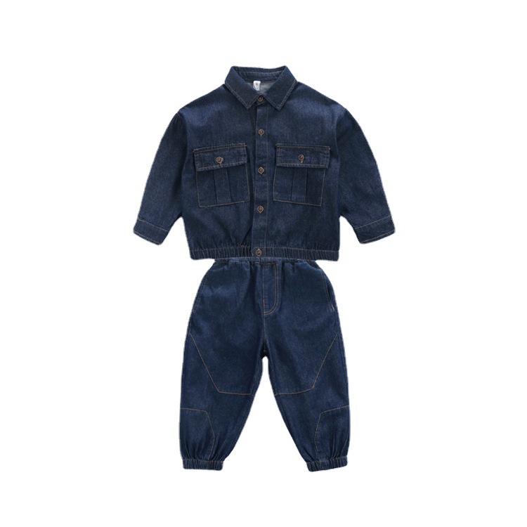 2025 New Boys' Denim Set Cool Solid Color Denim Jacket Kids Fashion Outfit for Toddlers and Young Children blue