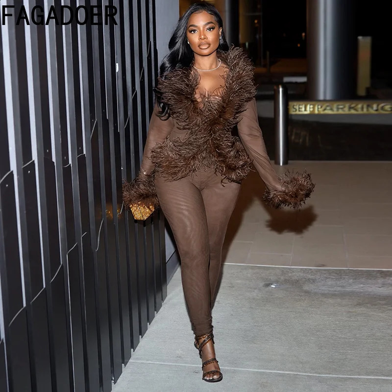 FAGADOER Sexy Mesh Fur Patchwork 2 Pieces Set for Woman Hollow Long Sleeves Tops Leggings Matching Suit Female Party Clubwear 250822