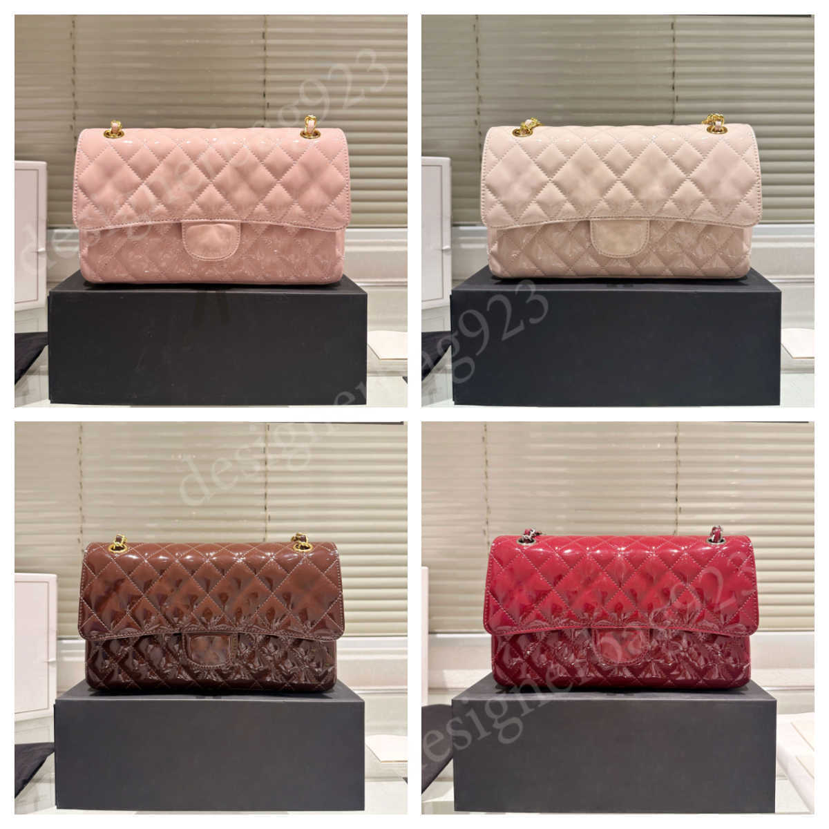 CF Luxury Chain Bag Designer Lacquered Leather Handbag Womens Single Shoulder Crossbody Bag Shiny Lacquered Leather Wallet Flip-Top Clutch Bag Pink Designer Bag