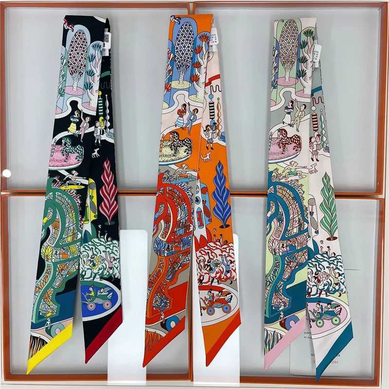 100% Silk High Quality Luxury Brand Goods Scarf Women Headband Foulard Tie Ribbon Neckerchief Skinny Scarves Hair Accessories XJ250822