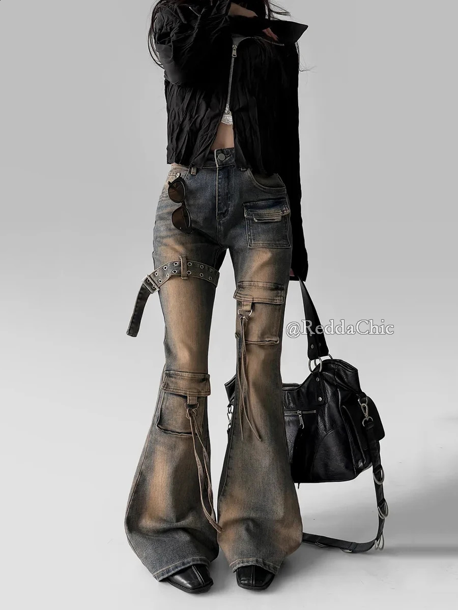 REDDACHiC Women Low Waist Flare Cargo Jeans Vintage Washed Belted Fitted Bootcut Pants Bell Bottoms Do Old Y2k Korean Streetwear 250911