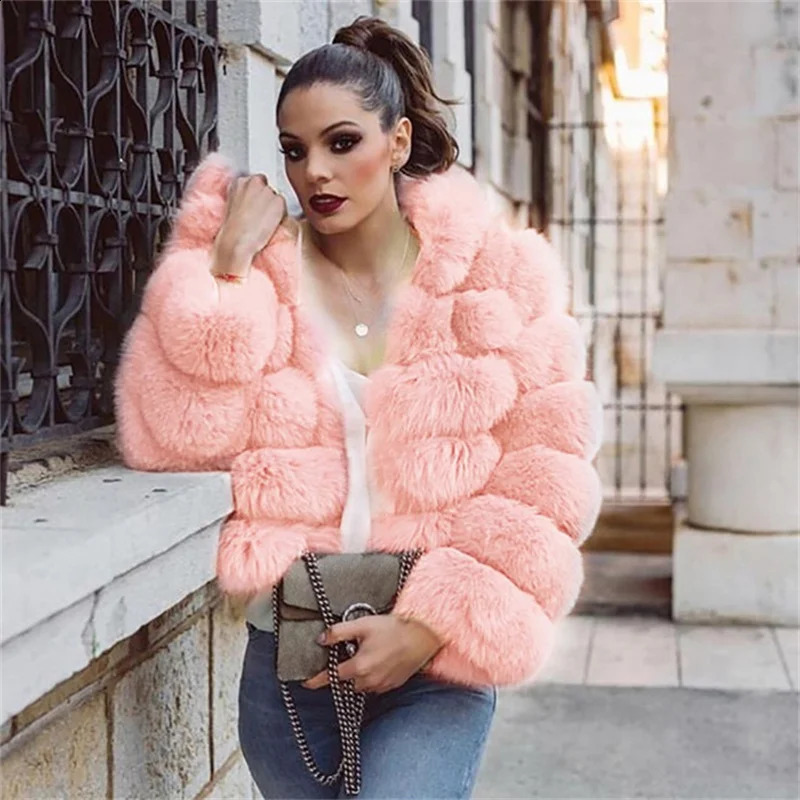 Autumn Winter Thick Warm Women Faux Fur Pink Hoodie Collar Long Sleeve Coats Casual High Quality Fluffy Black Jackets Outwear250821