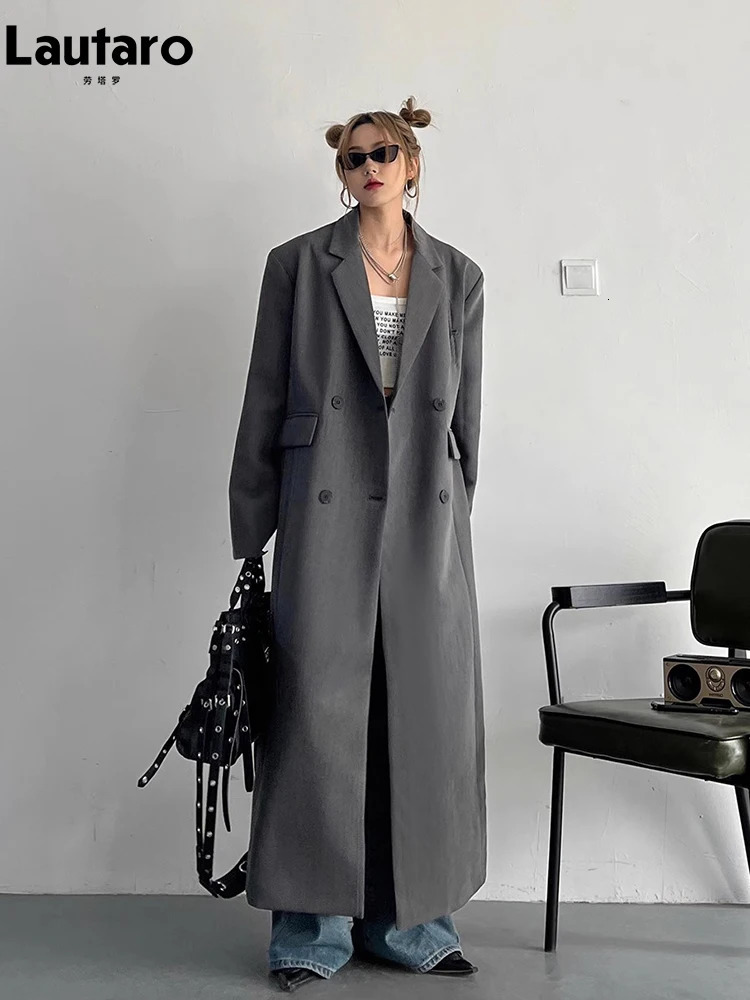 Lautaro Spring Autumn Long Grey Black Trench Coat for Women Double Breasted Loose Casual Korean Fashion Clothing Blazer 250822