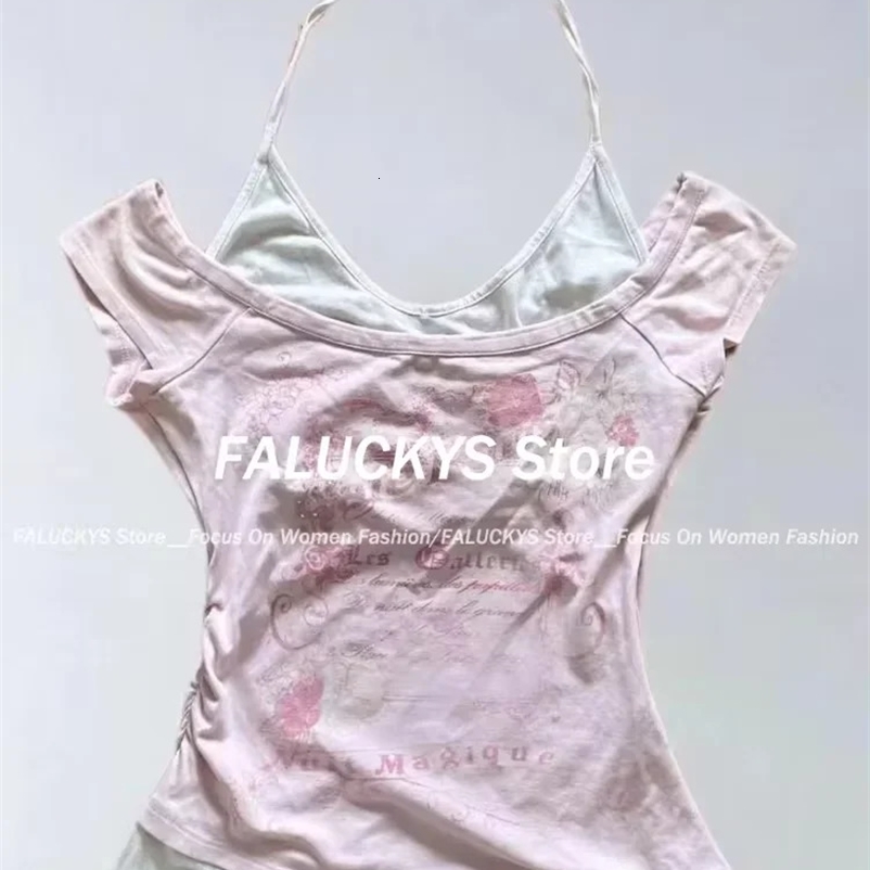 Y2K Retro Street Print T-shirt Fashion Streetwear Halter Neck Fake Two Piece Harajuku Summer Casual T-Shirt Women Clothes 250822