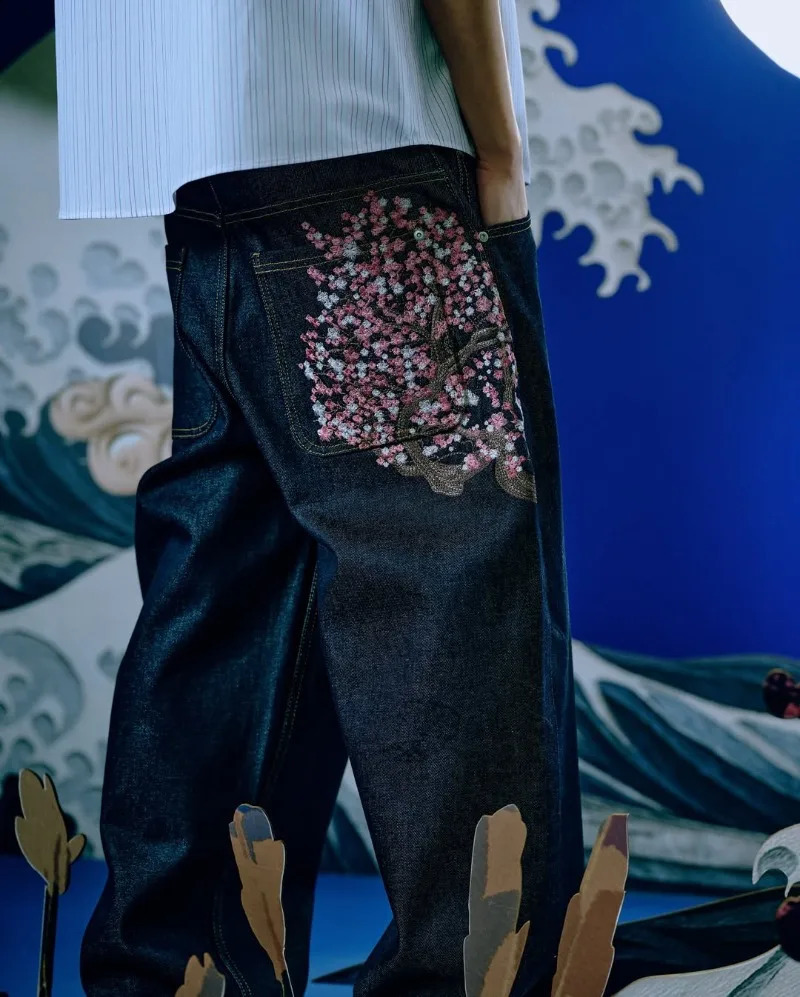 Y2K jeans Harajuku Gothic vintage plum blossom embroidery pattern wide leg pants Streetwear Casual Hiphop American 250822