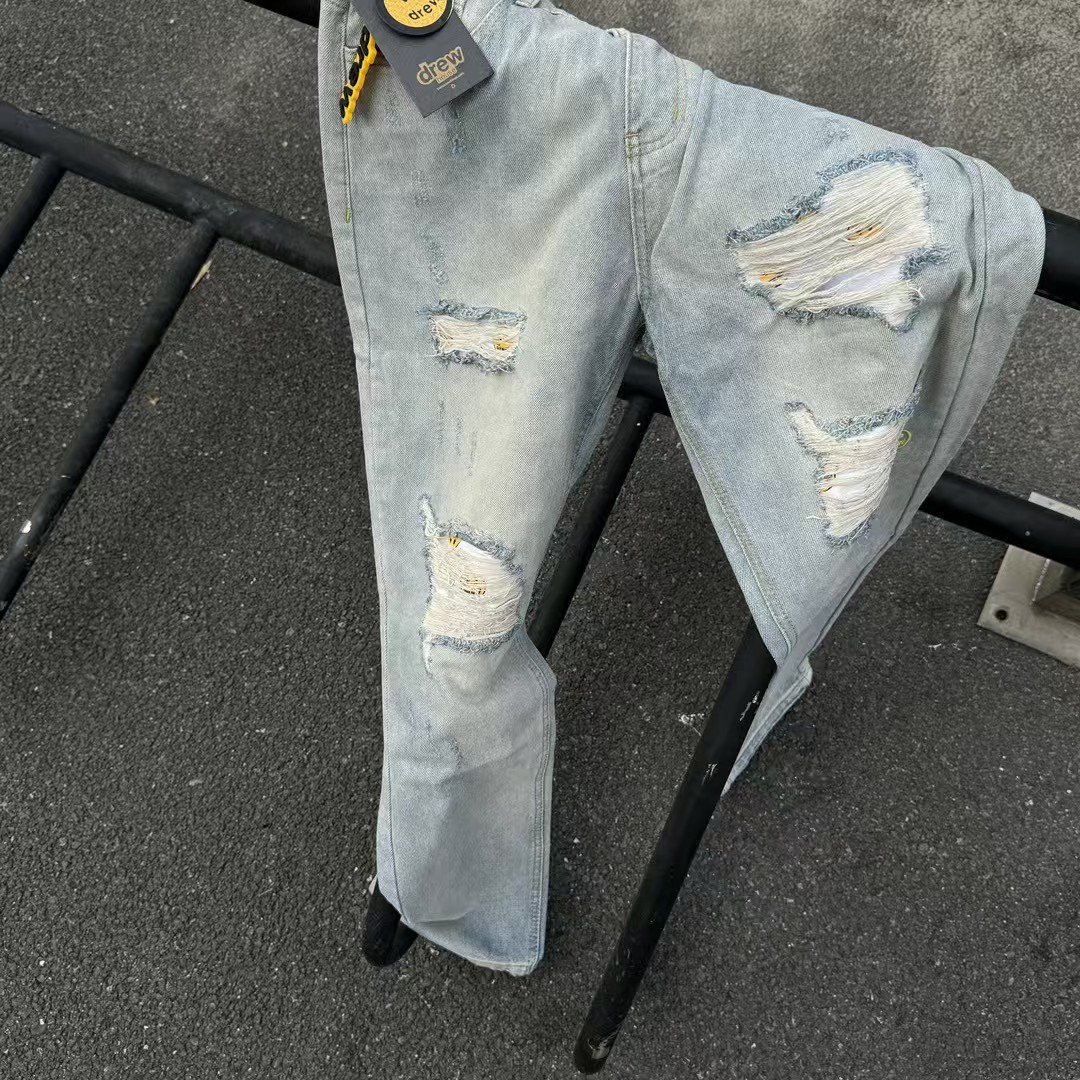 Drew House Men Jeans Streetwear Light Blue Denim Pants