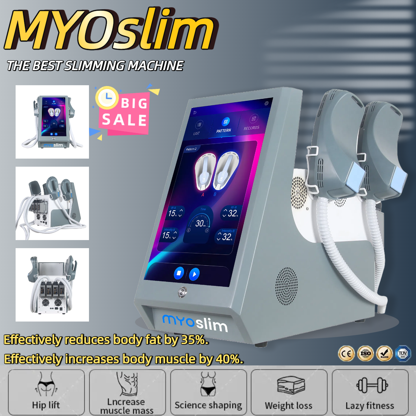 MyoSlim Neo Slimming Fat Loss Electro Magnetic Stimulation Body Sculpting and Muscle Building Machine 200Hz 6500W 15Tesla 4 Handles RF Salon Machine C