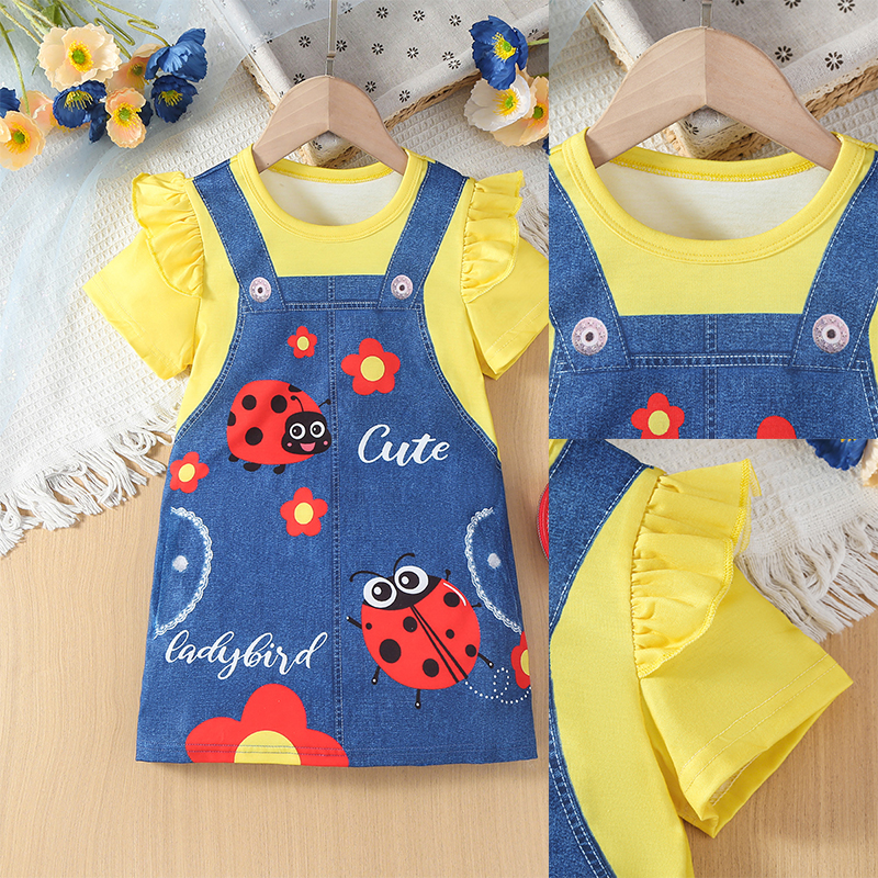 Adorable Children's Back Strap Dress Featuring Cute Ladybugs Patterned Fabric for Warm Weather Wear - BY1686